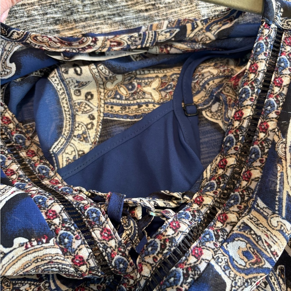 WHBM Blue‎ Paisley Elastic Waist Mini Dress 14 Floral Chiffon Lined - Picture 9 of 9
